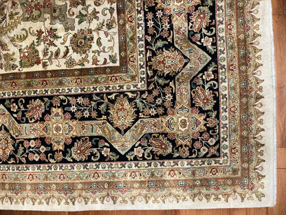 12X14 Indo Agra Beige/Black Handmade Wool Rug # 13424