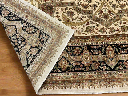 12X14 Indo Agra Beige/Black Handmade Wool Rug # 13424