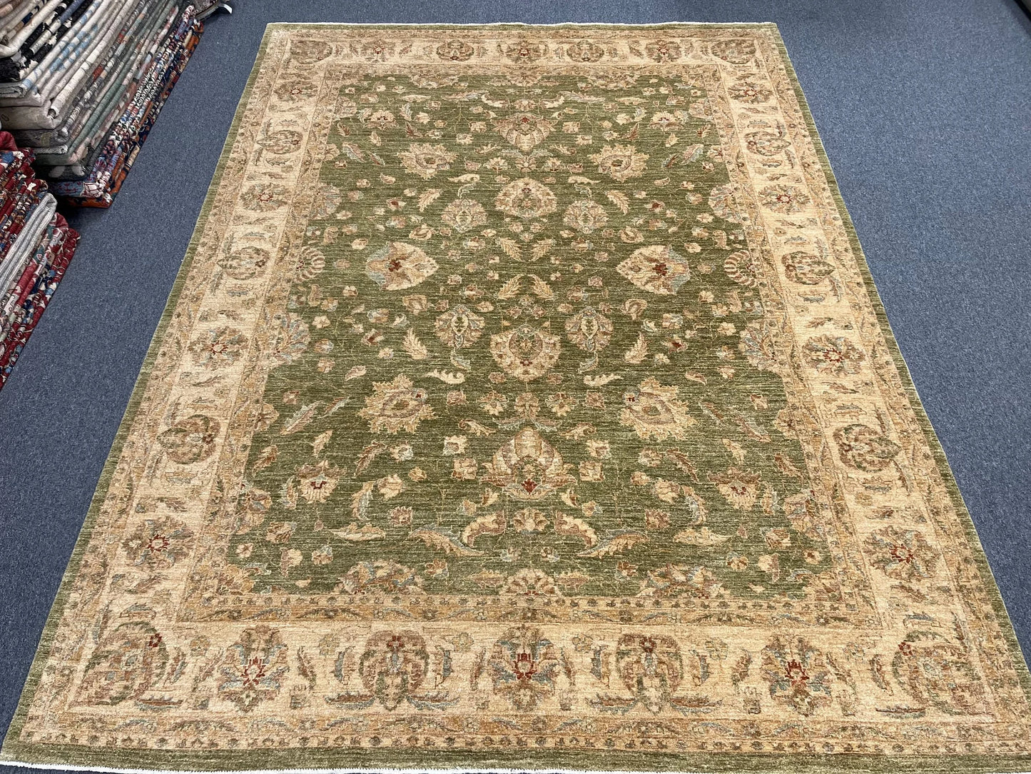 Chobi Soft Green 9X12 Handmade Wool Rug # 13575