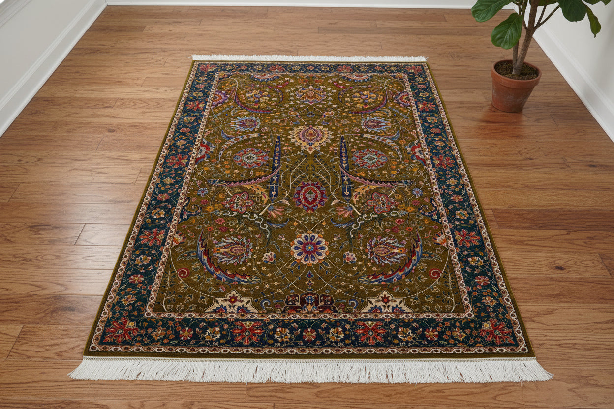 5X8 Silk Handloom Brown Multicolor Rug # 14753