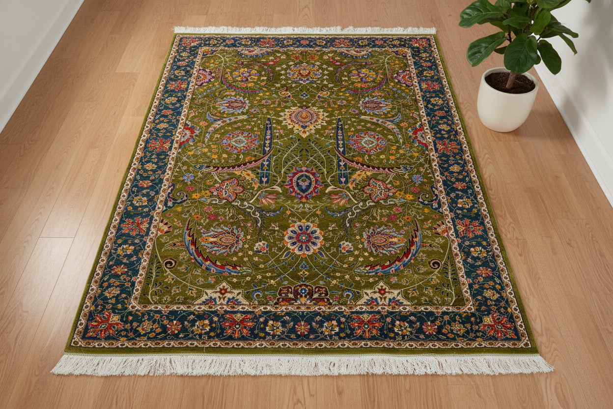 5X8 Silk Handloom Olive green Multicolor Rug # 14756