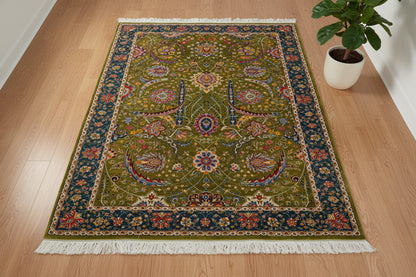 5X8 Silk Handloom Olive green Multicolor Rug # 14756