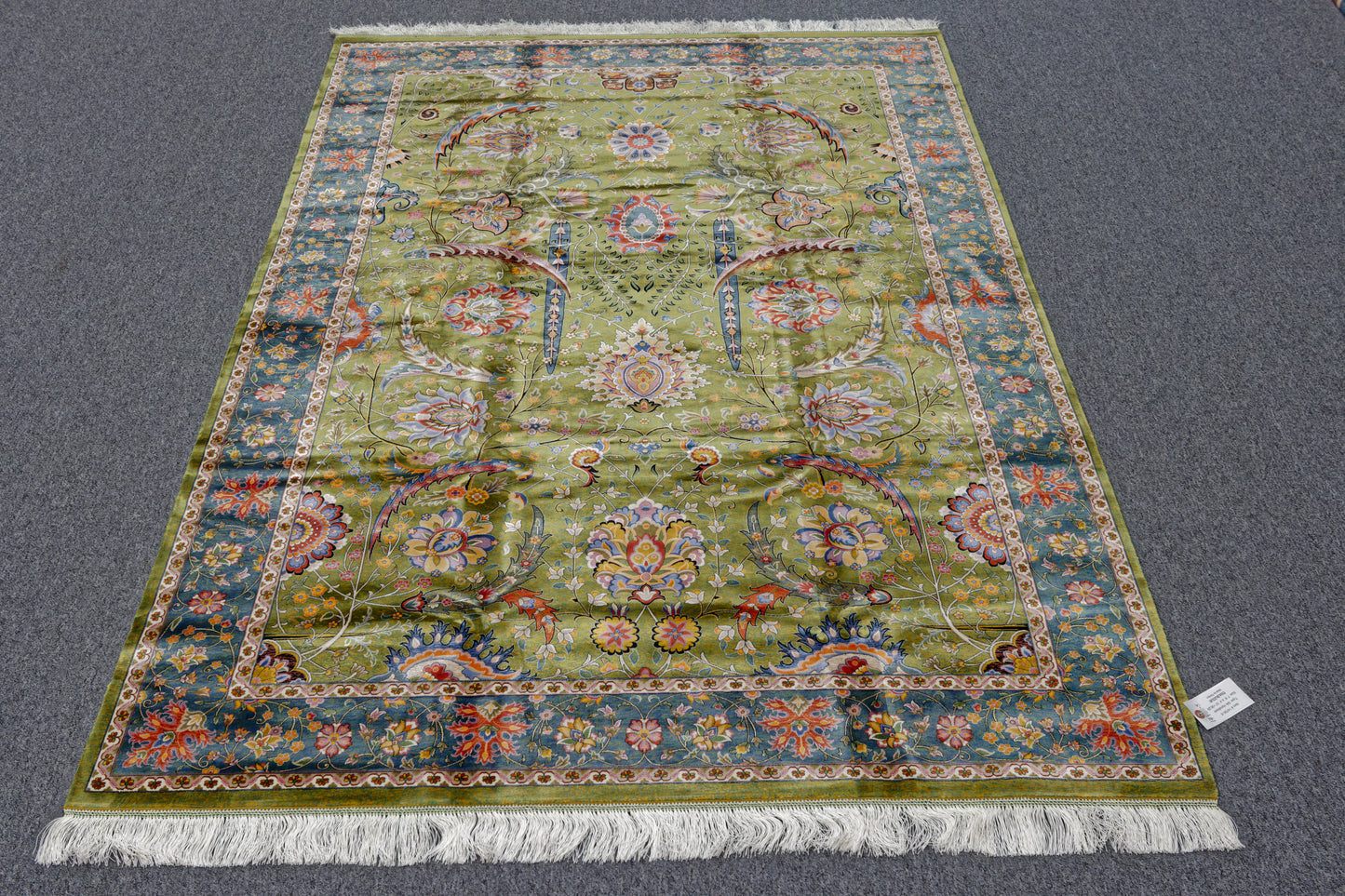 5X8 Silk Handloom Olive green Multicolor Rug # 14756