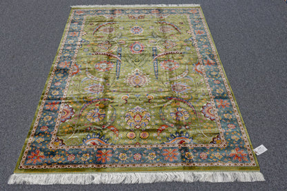 5X8 Silk Handloom Olive green Multicolor Rug # 14756