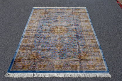5X8 Silk Handloom Light Blue Multicolor Rug # 14754