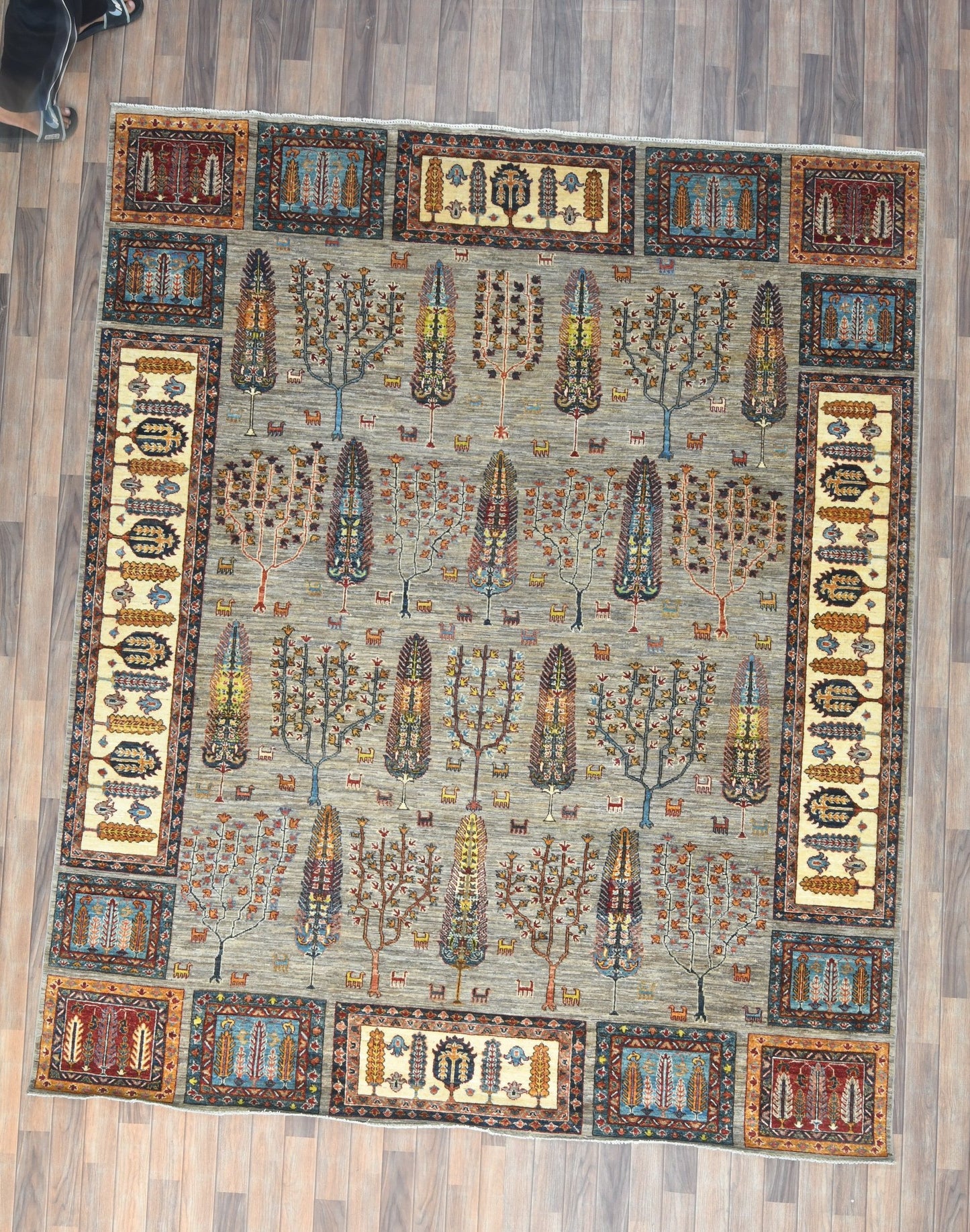 8X10 Afghan Tree of Life Silver Handmade Wool Rug # 14630
