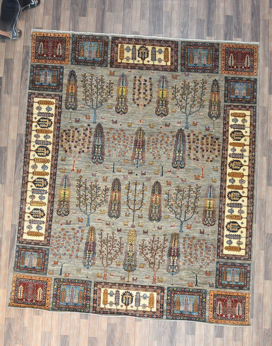 8X10 Afghan Tree of Life Silver Handmade Wool Rug # 14630