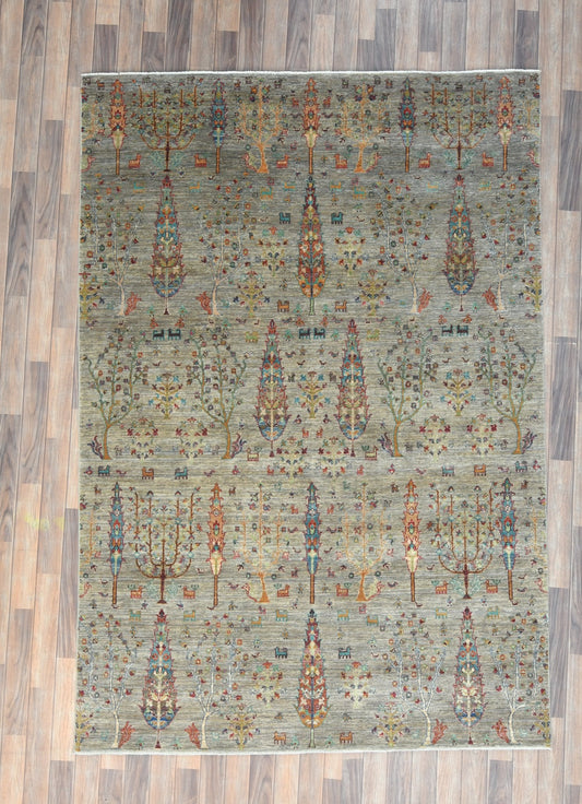 Gray Tree of Life 6X9 Handmade Wool Rug # 14637