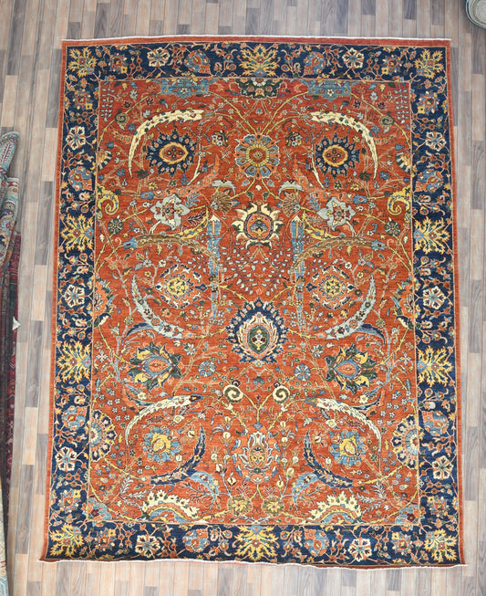 9X12 Afghan Agra Red/Navy Handmade Wool Rug # 14653