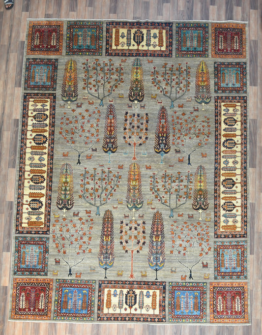 9X12 Afghan Tree of Life Silver Handmade Wool Rug # 14654