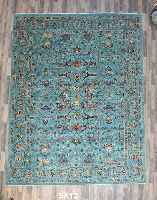 9X12 Afghan Bijer Light Blue Handmade Wool Rug # 14610