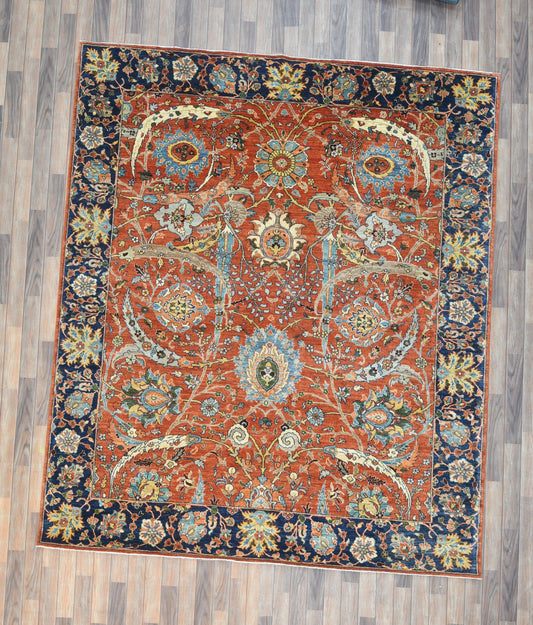 8X10 Afghan Agra Red/Navy Handmade Wool Rug # 14660