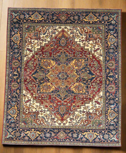 8X10 Afghan Heriz Red/Navy Handmade Wool Rug # 14613