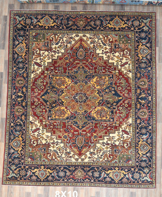 8X10 Afghan Heriz Red/Navy Handmade Wool Rug # 14613