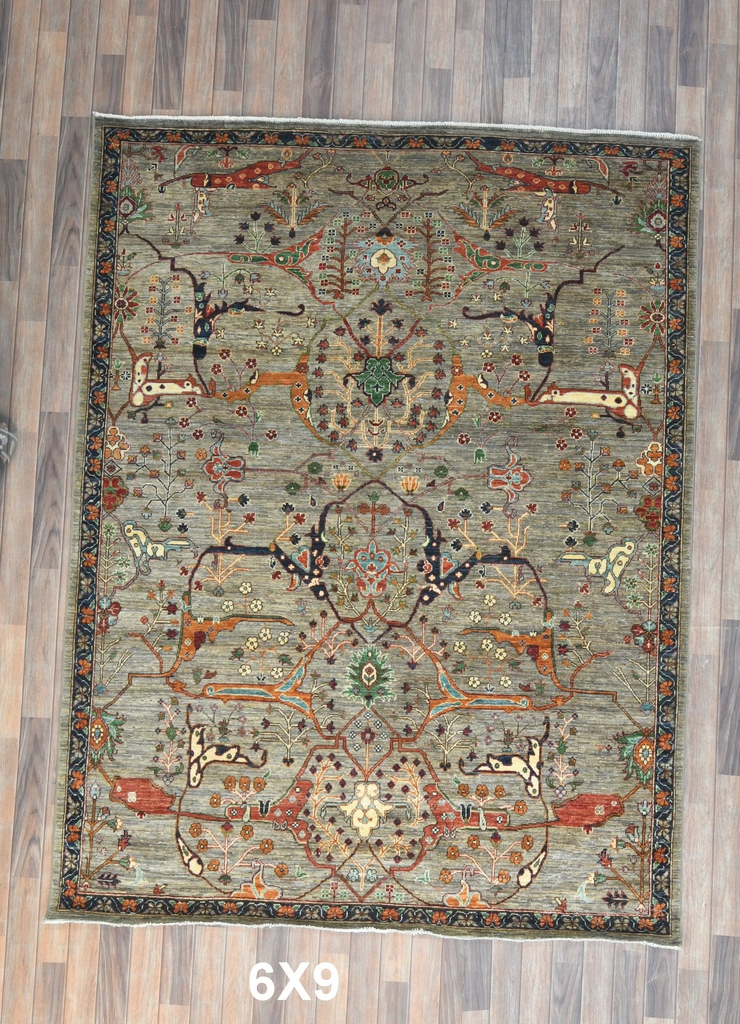 6X9 Afghan Bijer Gray/Blue Handmade Wool Rug # 14615