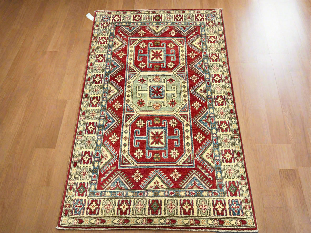 Authentic Red & Blue Kazak 4x6 Handmade Wool Rug # 9886