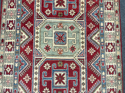 Authentic Red & Blue Kazak 4x6 Handmade Wool Rug # 9886