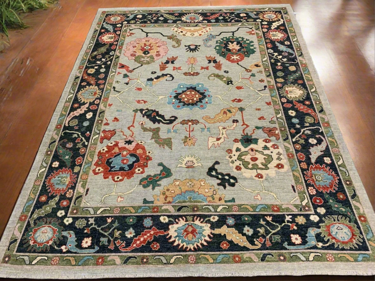 Elegant Oushak 9x12 Soft Blue & Black Handmade Wool Rug # 11903