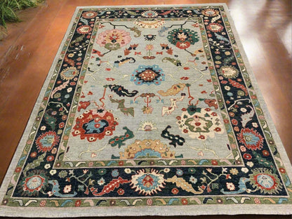 Elegant Oushak 9x12 Soft Blue & Black Handmade Wool Rug # 11903