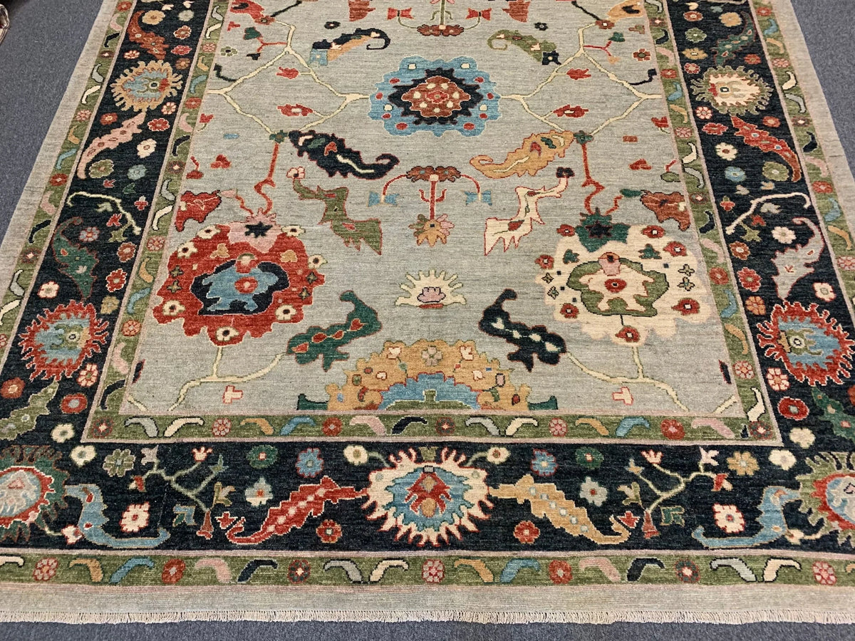 Elegant Oushak 9x12 Soft Blue & Black Handmade Wool Rug # 11903
