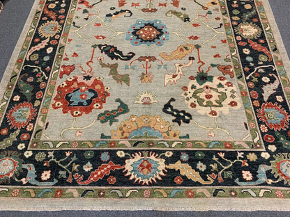 Elegant Oushak 9x12 Soft Blue & Black Handmade Wool Rug # 11903