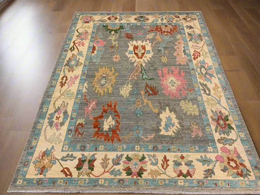 Hand-Knotted Gray & Beige Oushak 9x12 Handmade Wool Rug # 11904