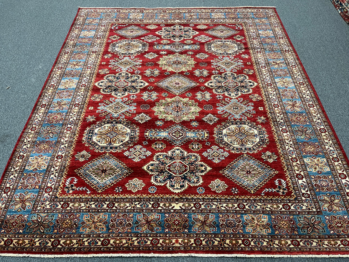 Super Kazak Red/ Light Blue 8X10 Handmade Wool Rug # 14521