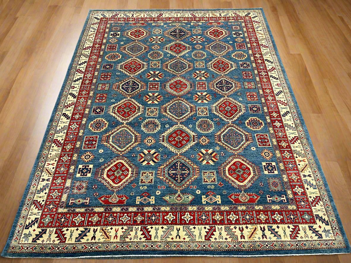 Kazak Light Blue 8X11 Handmade Wool Rug # 14448