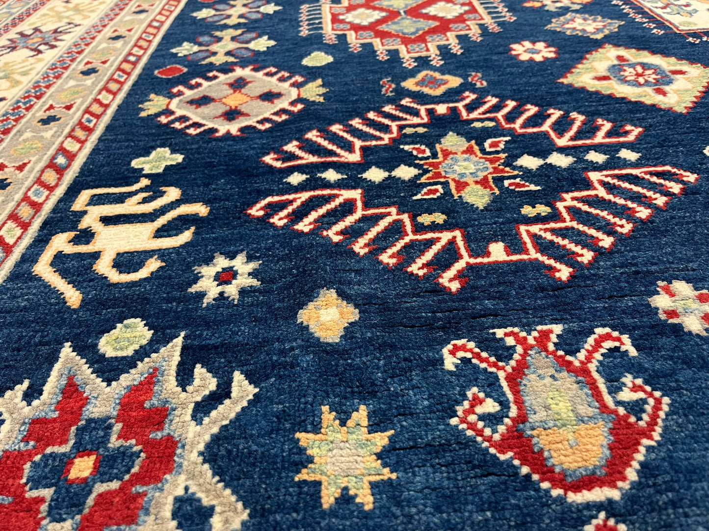 Navy Blue Kazak Geometric 8X10 Handmade Wool Rug # 14452