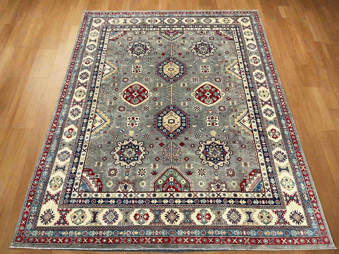 Gray Kazak Geometric 8X10 Handmade Wool Rug # 14451