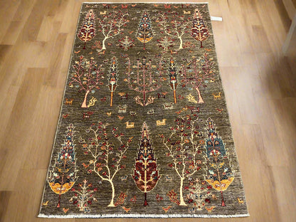 Gray Tree of Life 4X6 Handmade Wool Rug # 14593