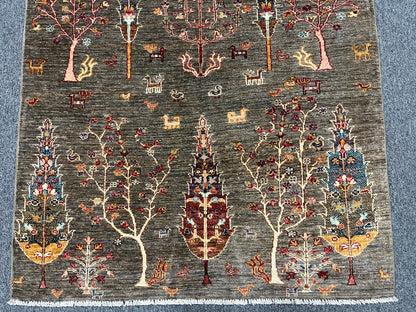 Gray Tree of Life 4X6 Handmade Wool Rug # 14593