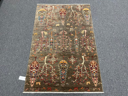 Gray Tree of Life 4X6 Handmade Wool Rug # 14593