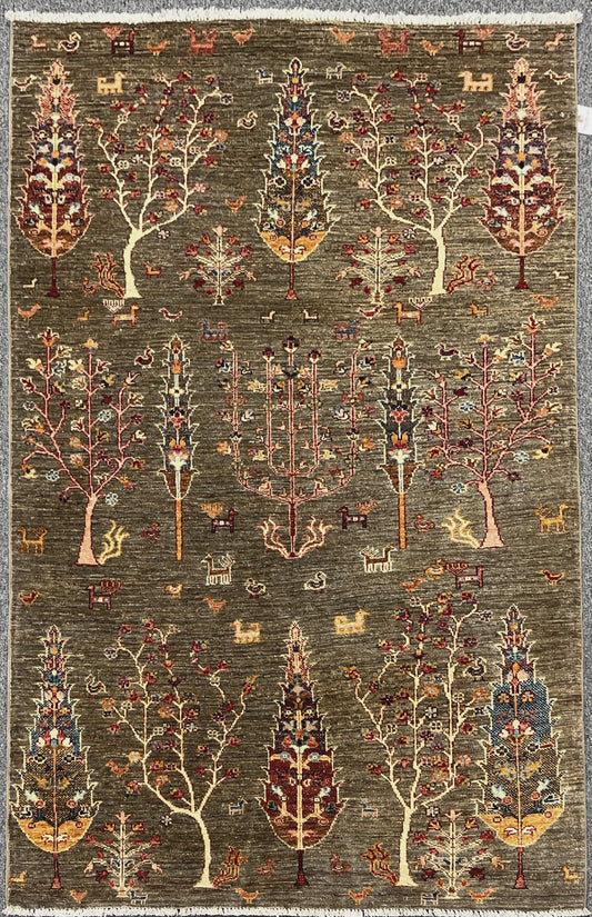 Gray Tree of Life 4X6 Handmade Wool Rug # 14593
