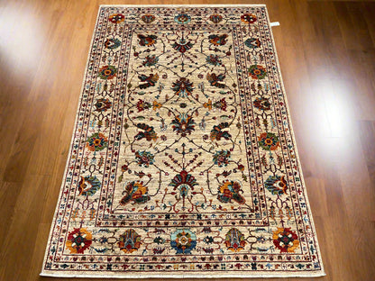 Beige Floral Mohal 6X8 Handmade Wool Rug # 14589