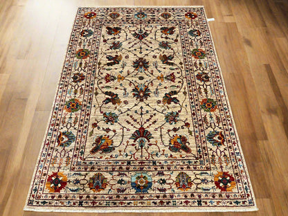 Beige Floral Mohal 6X8 Handmade Wool Rug # 14589