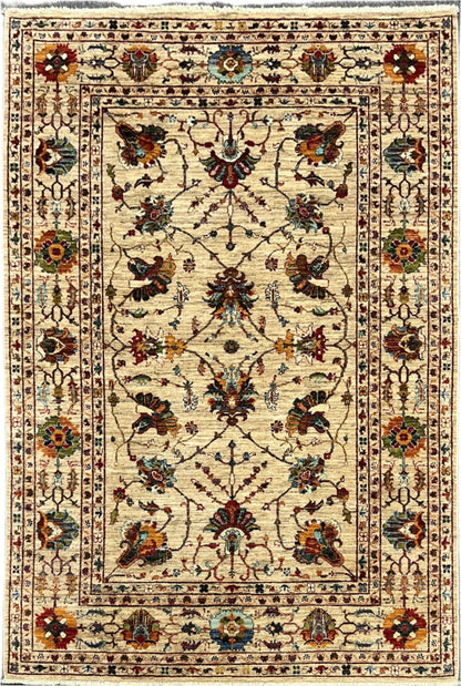 Beige Floral Mohal 6X8 Handmade Wool Rug # 14589
