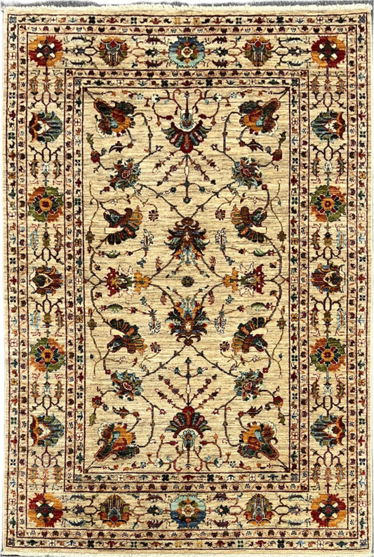 Beige Floral Mohal 6X8 Handmade Wool Rug # 14589
