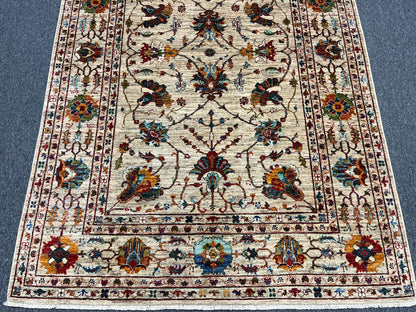 Beige Floral Mohal 6X8 Handmade Wool Rug # 14589