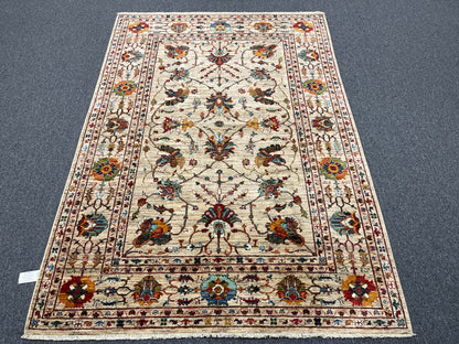 Beige Floral Mohal 6X8 Handmade Wool Rug # 14589