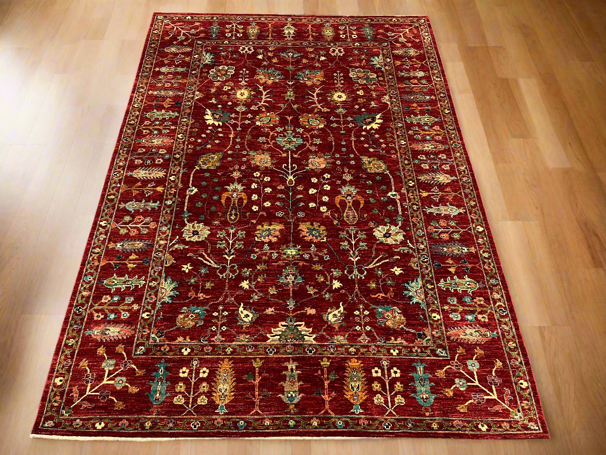 Red/Green Multicolor 7X10 Handmade Wool Rug # 14586