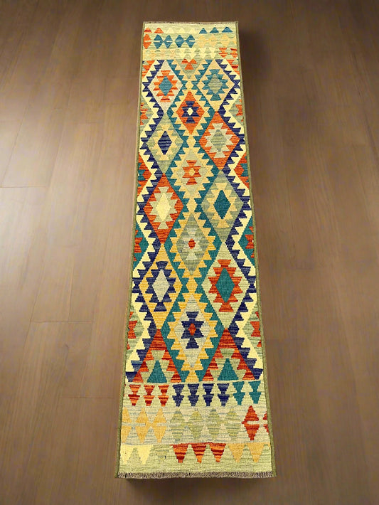 Kilim 2' 5" X 10' Flat Weave Reversible Multicolor Wool Rug # 13419