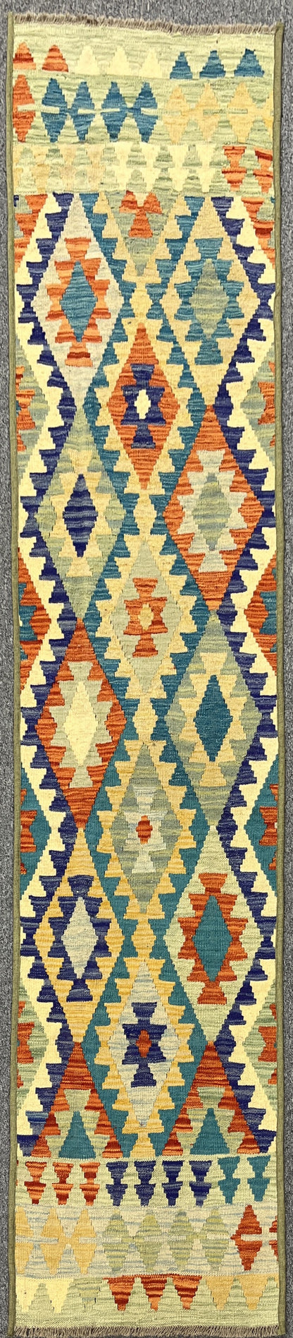 Kilim 2' 5" X 10' Flat Weave Reversible Multicolor Wool Rug # 13419