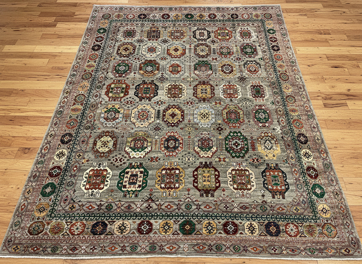 8X10 Afghan Karajah Gray/Blue Handmade Wool Rug # 14608