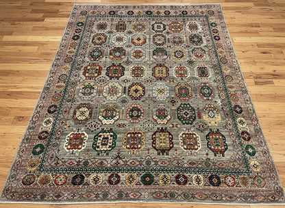 8X10 Afghan Karajah Gray/Blue Handmade Wool Rug # 14608