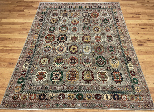 8X10 Afghan Karajah Gray/Blue Handmade Wool Rug # 14608