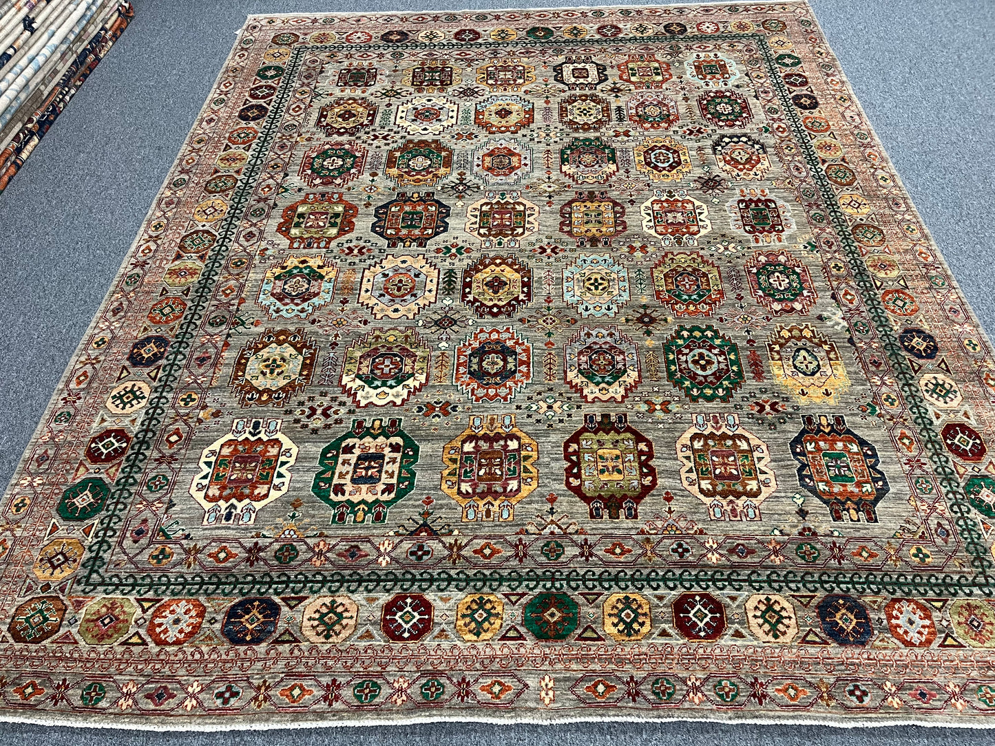 8X10 Afghan Karajah Gray/Blue Handmade Wool Rug # 14608