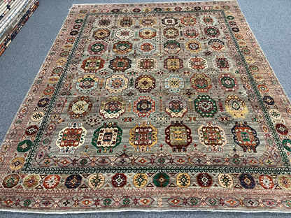 8X10 Afghan Karajah Gray/Blue Handmade Wool Rug # 14608