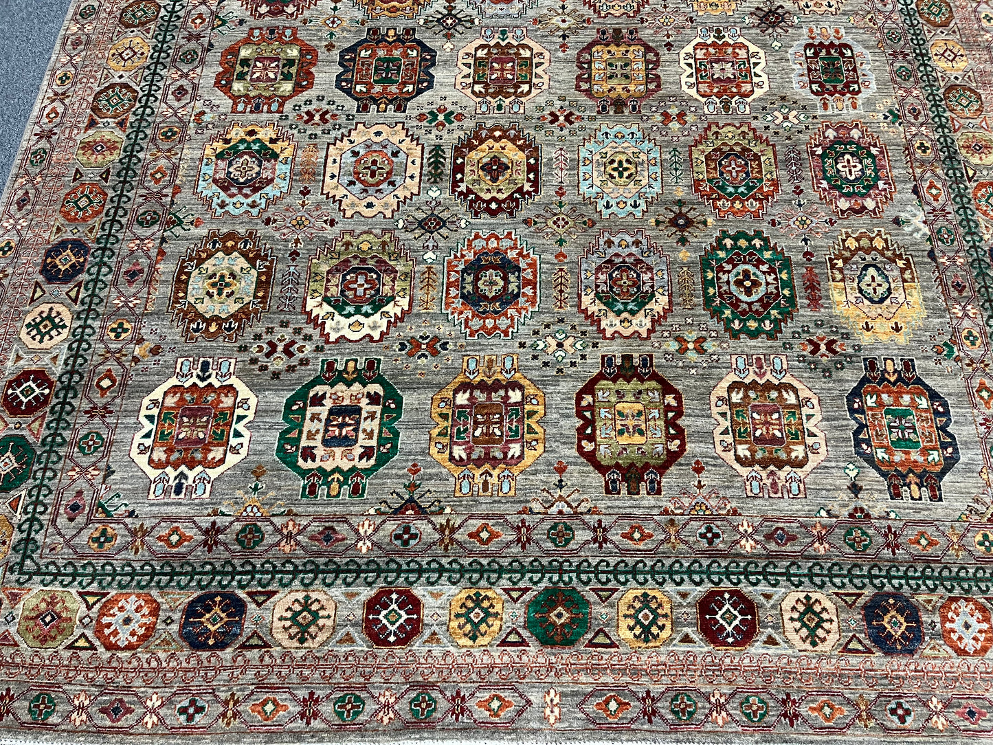 8X10 Afghan Karajah Gray/Blue Handmade Wool Rug # 14608