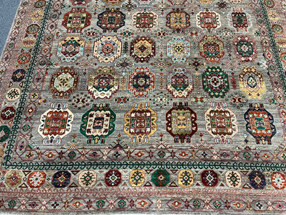 8X10 Afghan Karajah Gray/Blue Handmade Wool Rug # 14608